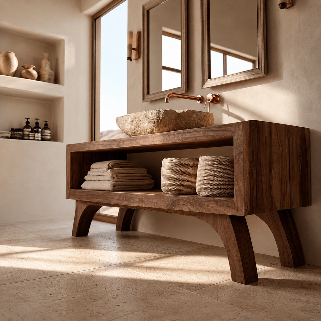 Natural Solid Wood Bathroom Vanity with Open Shelf – Rustic Wabi Sabi Style