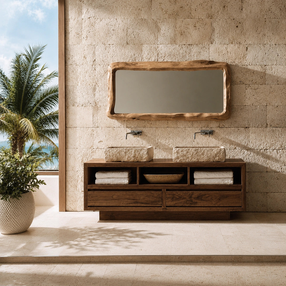 Natural Solid Wood Bathroom Vanity with 2 Drawers and 3 Open Shelves