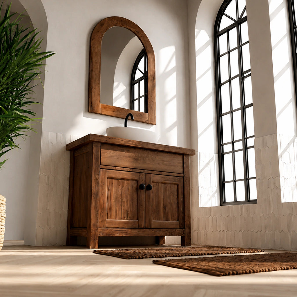 Natural Solid Wood Bathroom Vanity with Drawer and 2 Doors – Rustic Style