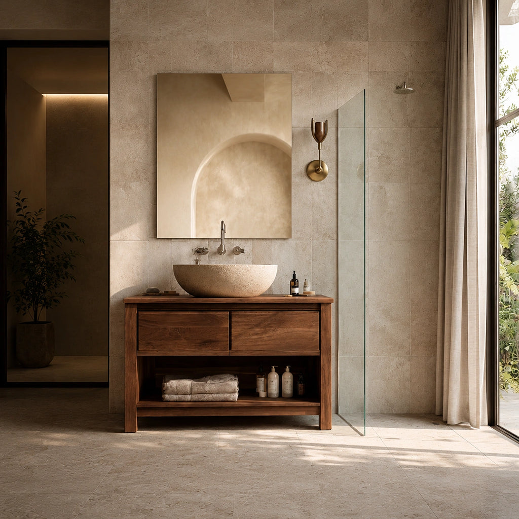 Natural Solid Wood Bathroom Vanity with 2 Drawers and Open Shelf