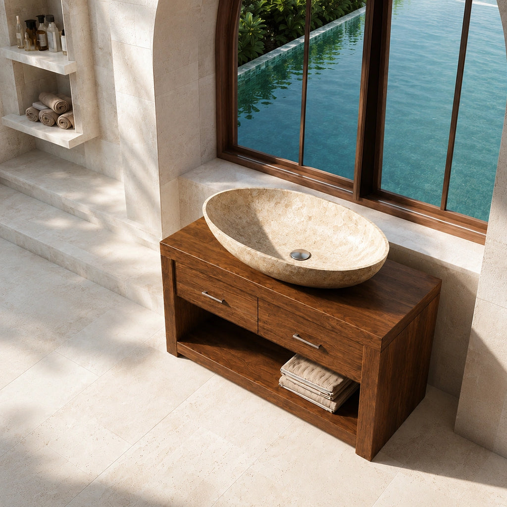 Natural Solid Wood Bathroom Vanity with 2 Drawers and Open Shelf