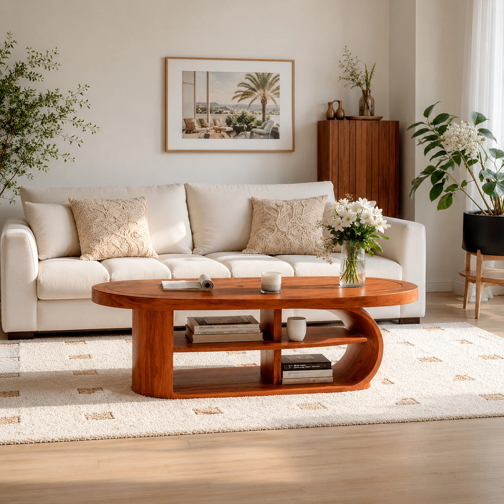Natural Solid Wood Oval Coffee Table with Open Shelves and Curved Loop Base