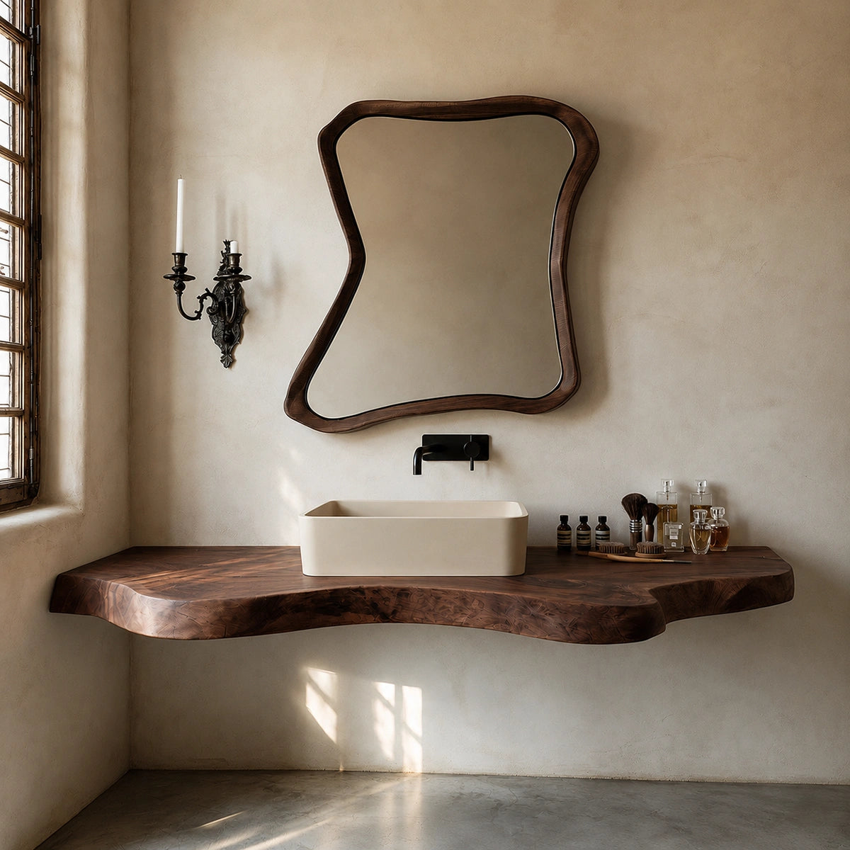 Natural Solid Wood Floating Bathroom Vanity with Sculptural Live Edge