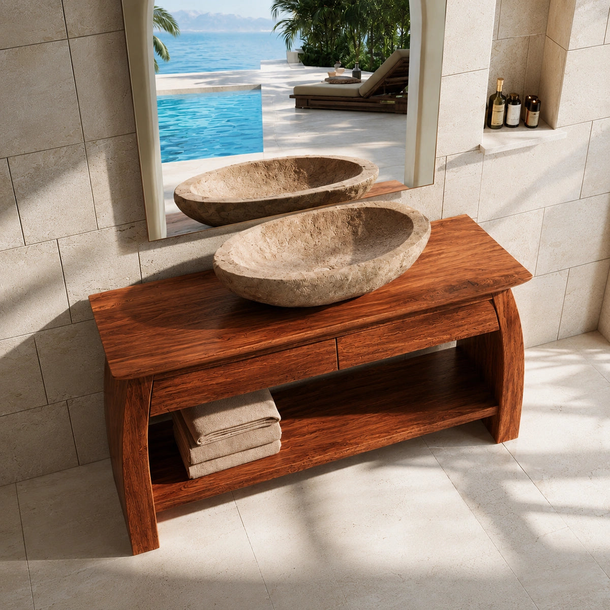 Natural Solid Wood Double Bathroom Vanity with 2 Drawers and Open Shelf