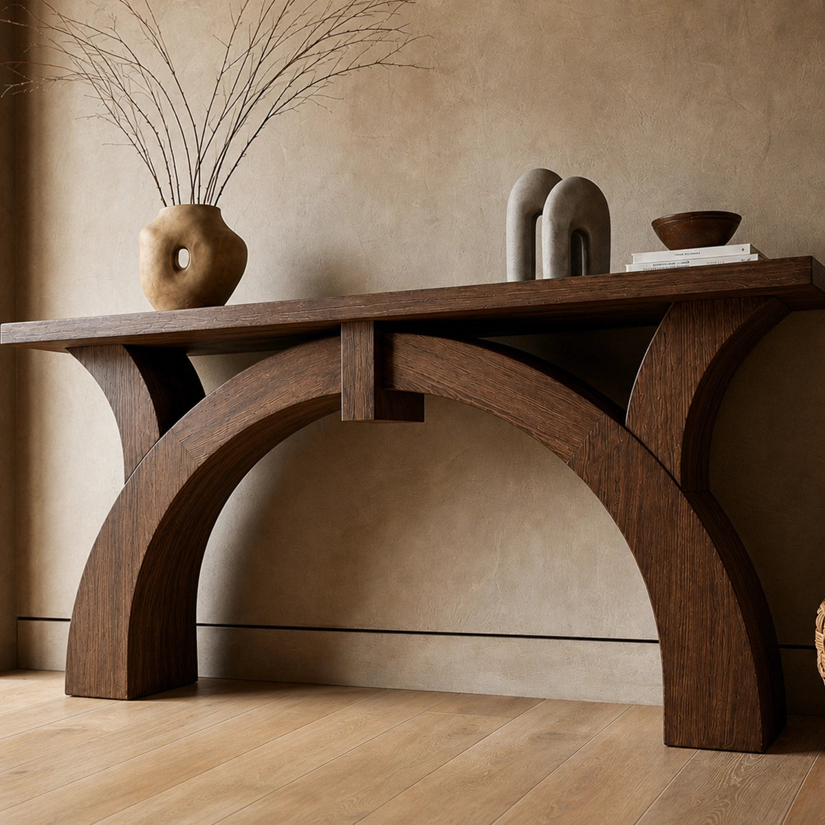 Arched Natural Solid Wood Console Table for Entryway and Hallway