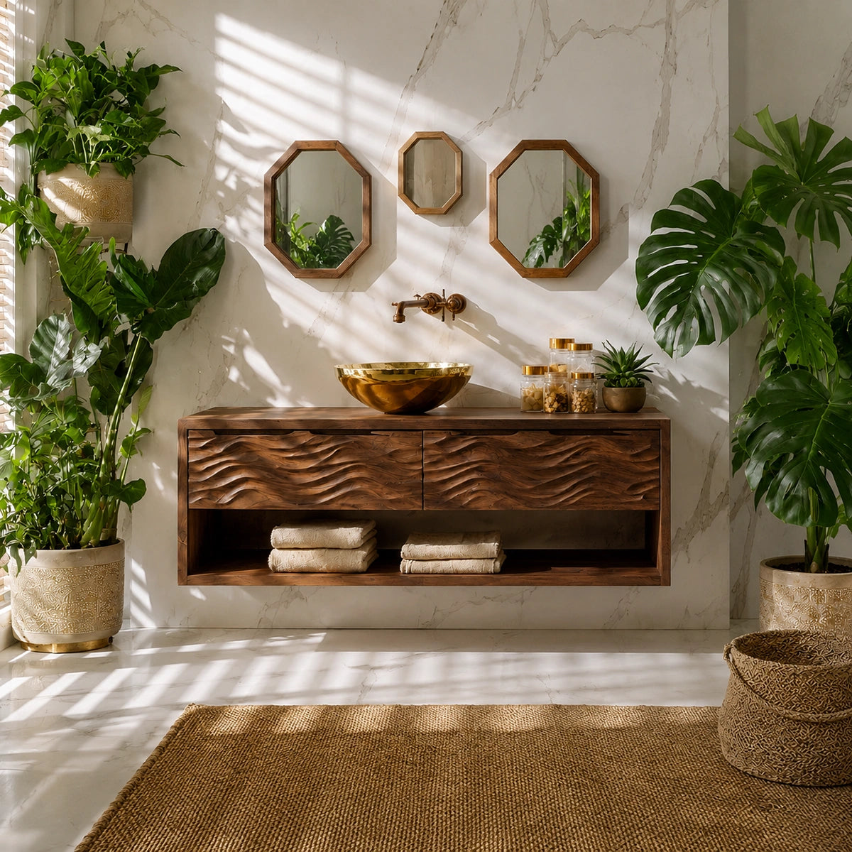 Natural Solid Wood Floating Bathroom Vanity with 2 Drawers and Open Shelf