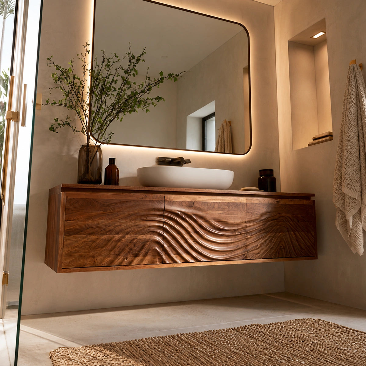 Natural Solid Wood Bathroom Cabinet – Wave Front Modern Style