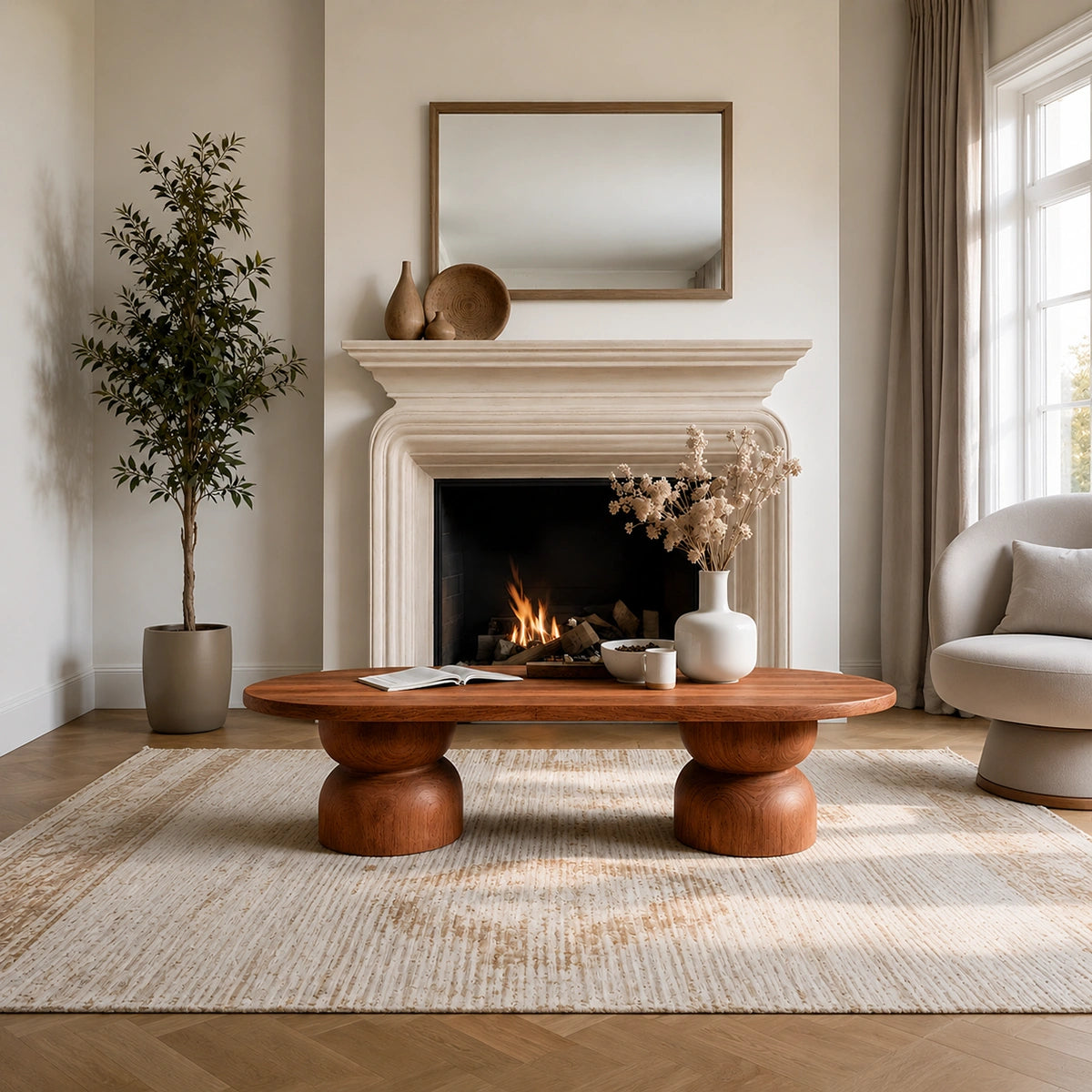 Natural Solid Wood Oval Coffee Table with Sculptural Hourglass Pedestal Legs