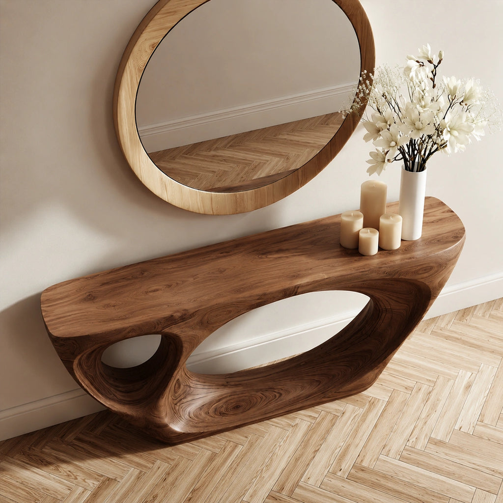 Organic Void Natural Solid Wood Console Table with Sculptural Open Base