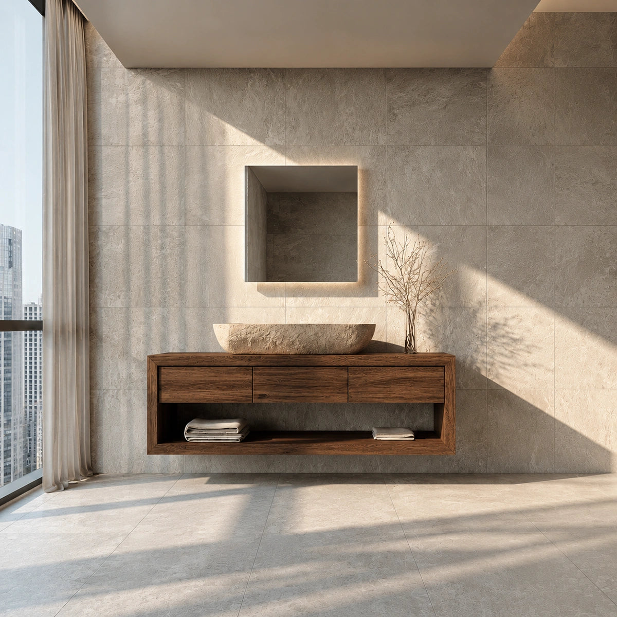 Natural Solid Wood Floating Bathroom Vanity with 3 Drawers and Open Shelf