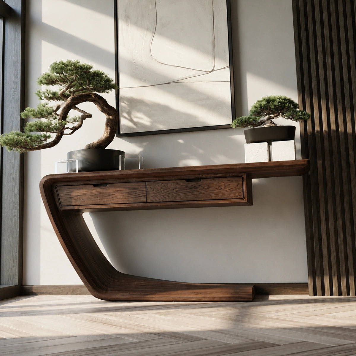 Floating Curve Natural Solid Wood Console Table with Dual Drawers
