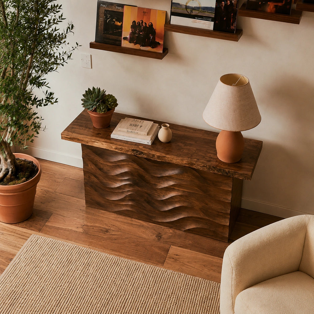 Wave Front Natural Solid Wood Sideboard Cabinet with Concealed Storage