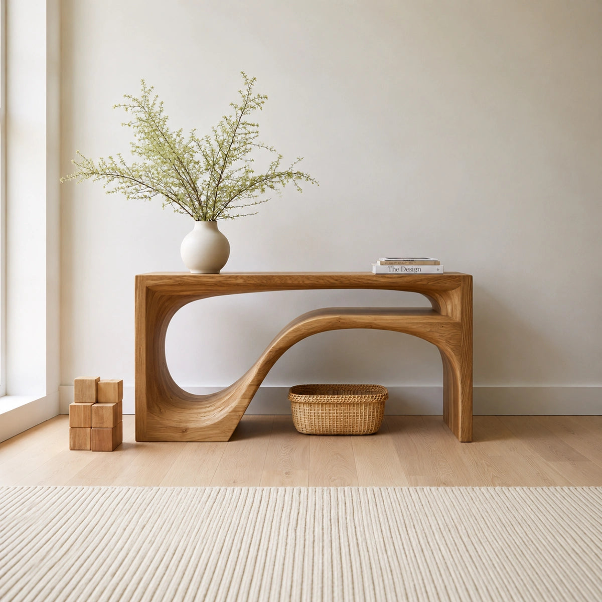 Flow Arch Natural Solid Wood Console Table with Open Storage Shelf