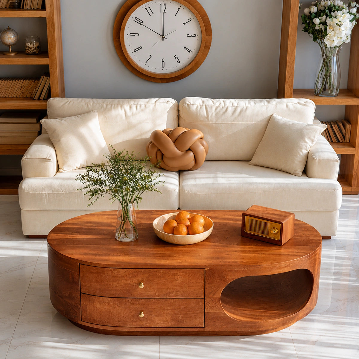 Natural Solid Wood Coffee Table with Drawers – Rounded Modern Style