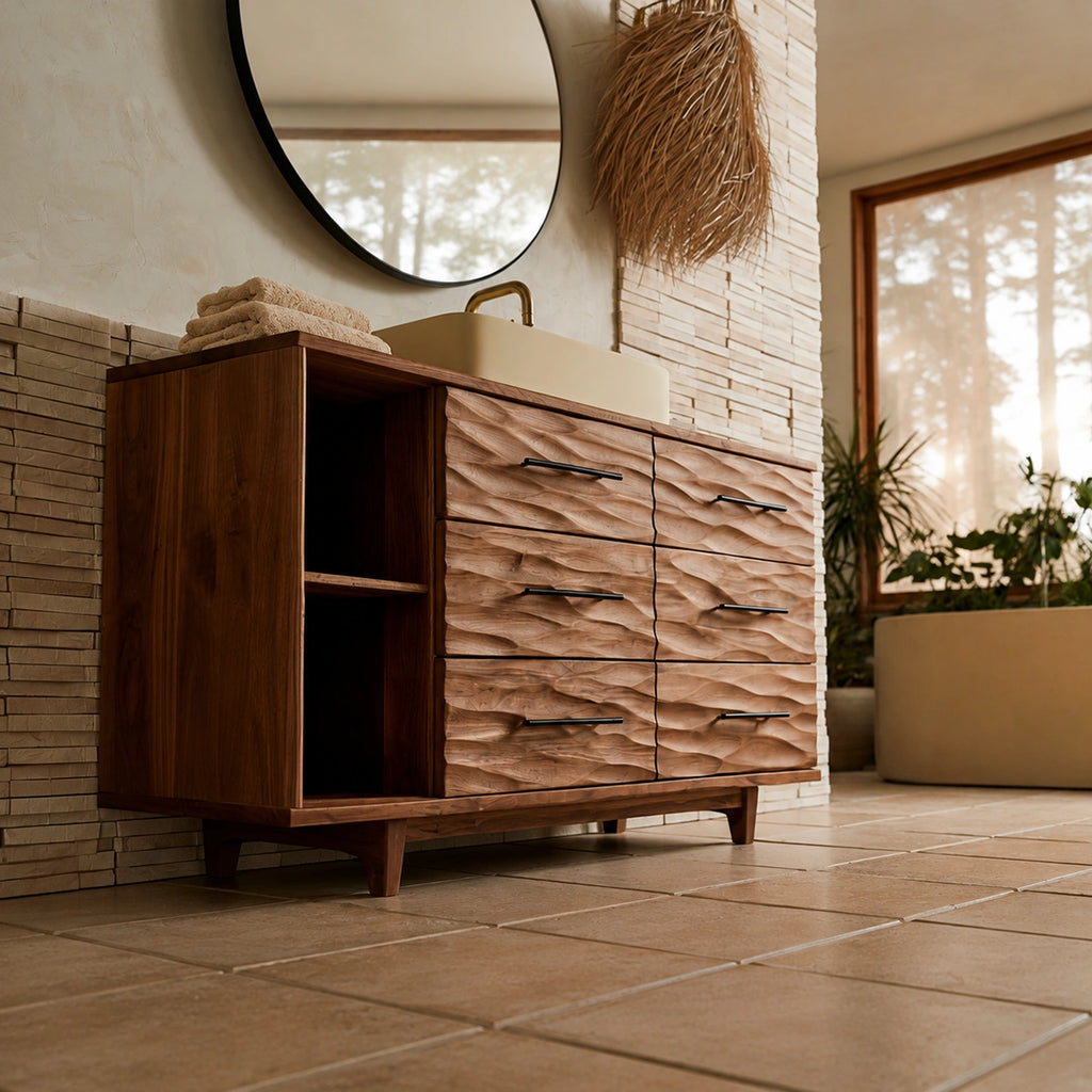 Natural Solid Wood Bathroom Vanity with 6 Drawers and Side Open Shelves