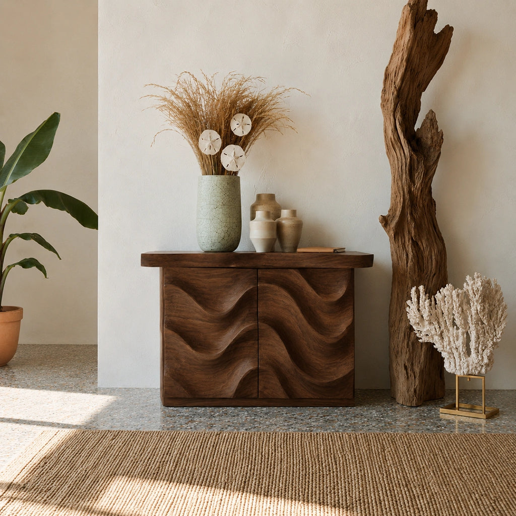 Wave Front Natural Solid Wood Sideboard Cabinet with Hidden Storage