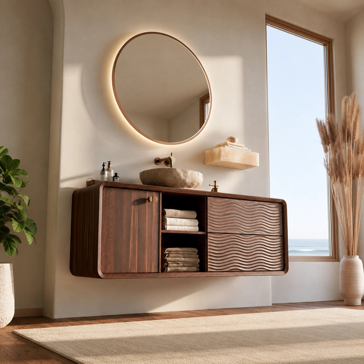 Natural Solid Wood Double Bathroom Vanity with 2 Drawers and Open Shelves