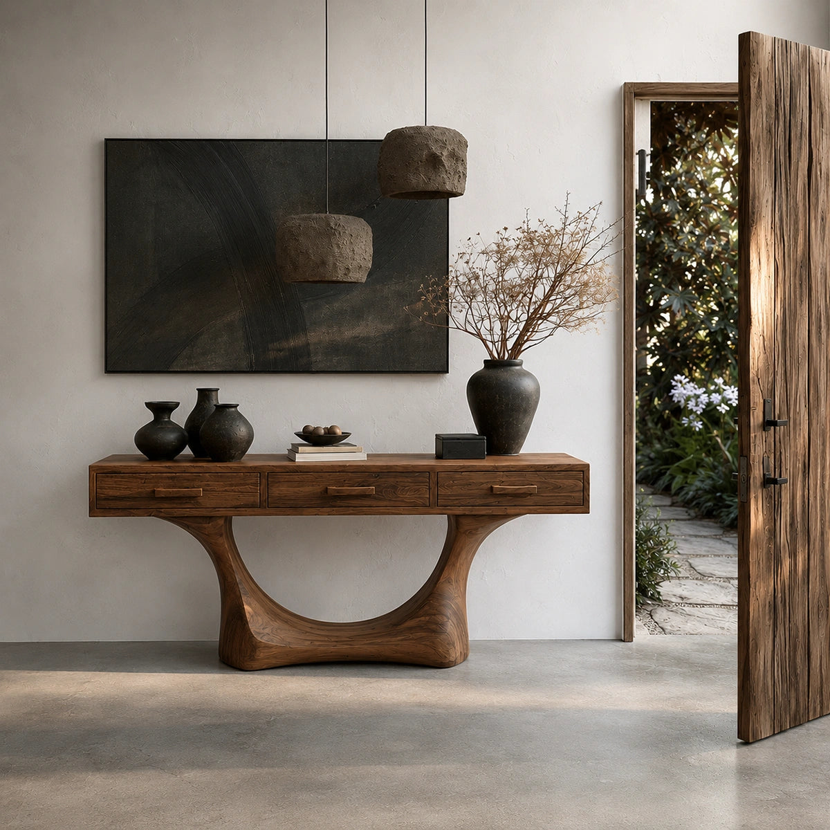 Natural Solid Wood Console Table with Three Drawers and Sculptural Pedestal Base