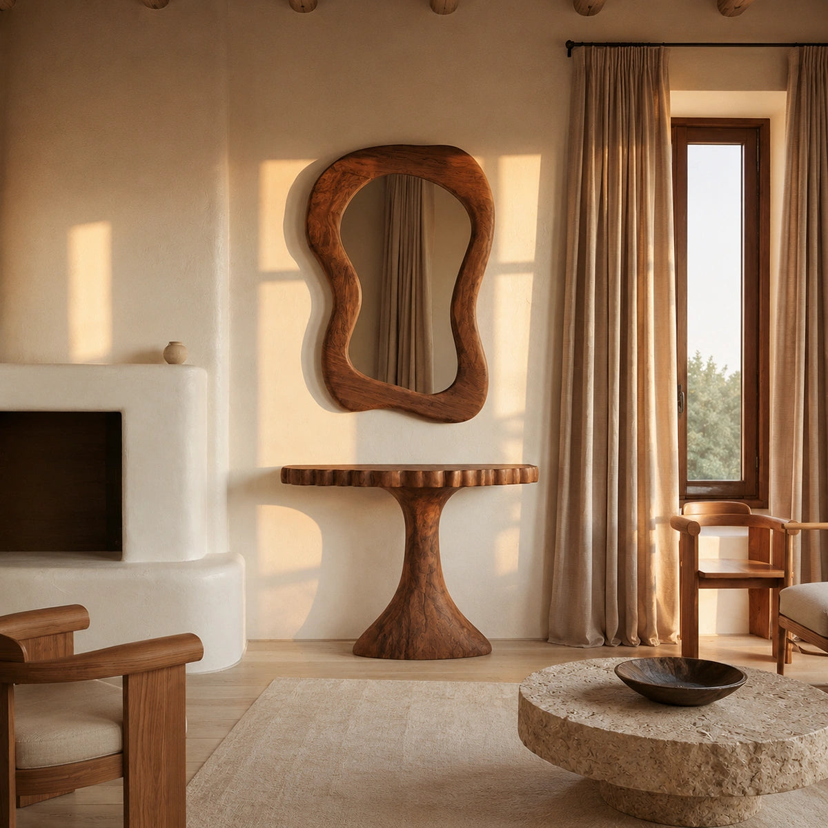 Pedestal Natural Solid Wood Console Table with Sculpted Edge