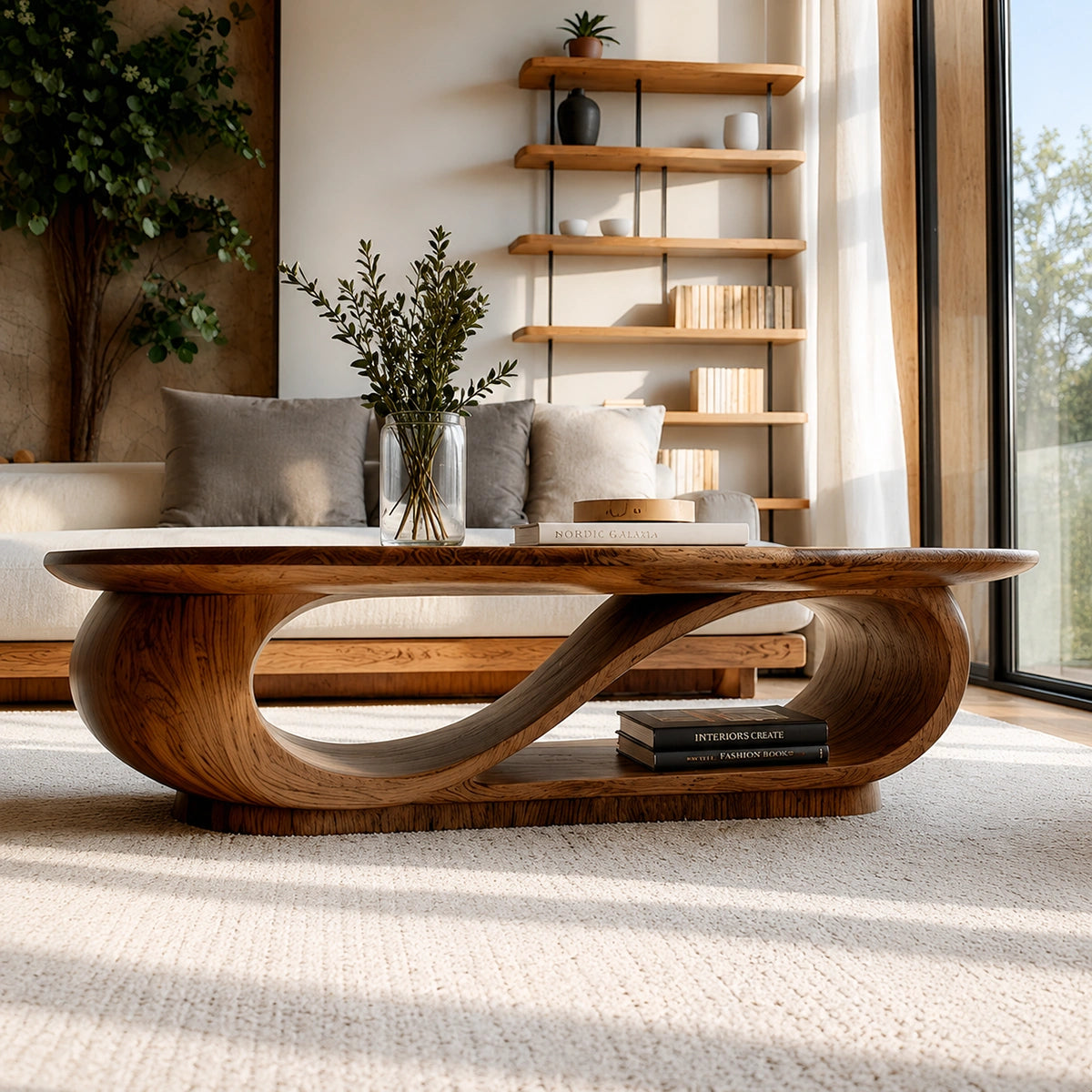Natural Solid Wood Oval Coffee Table with Sculptural Loop Base and Lower Shelf