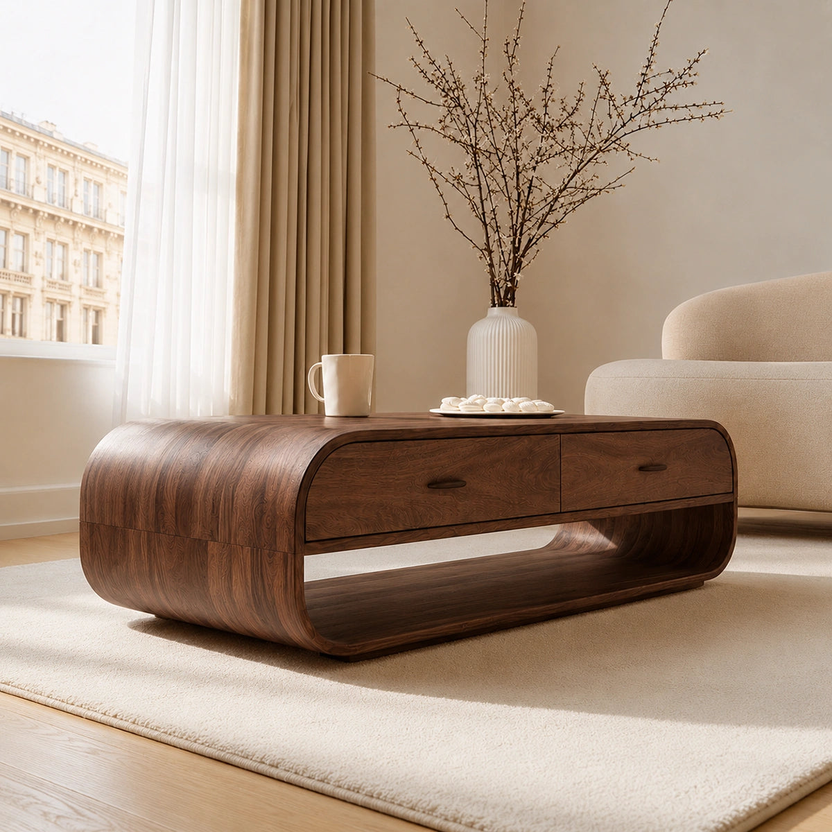 Natural Solid Wood Coffee Table with 2 Drawers – Rounded Modern Style