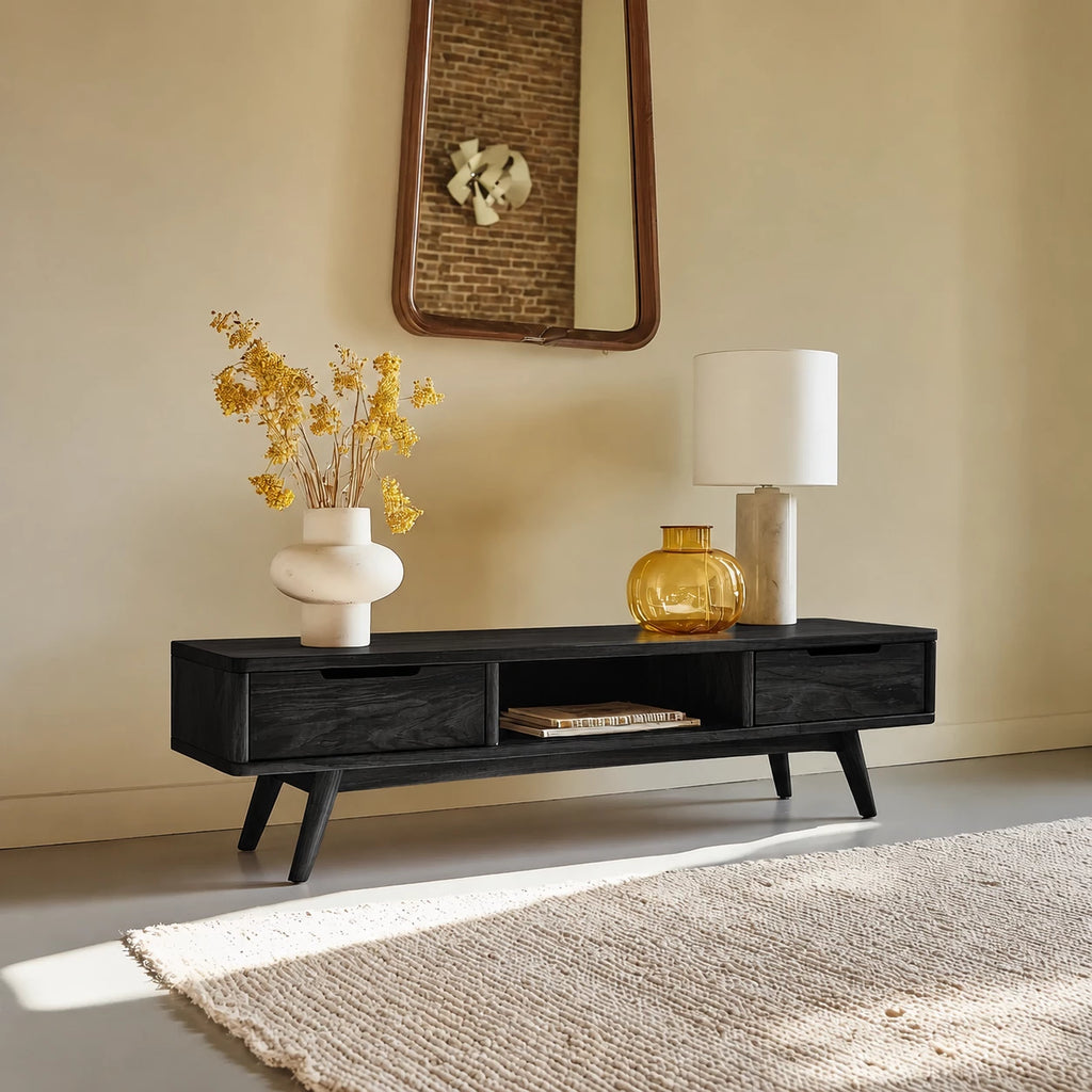 Mid Century Natural Solid Wood TV Stand with Open Shelf Storage