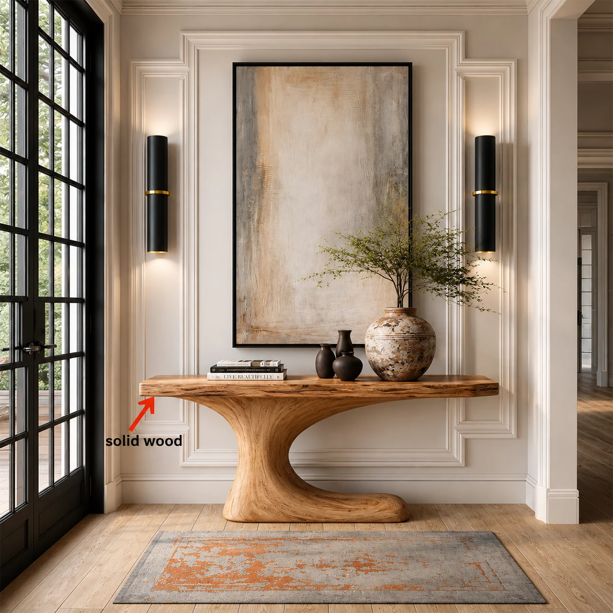 Natural Solid Wood Console Table Sculptural Crescent Modern Style