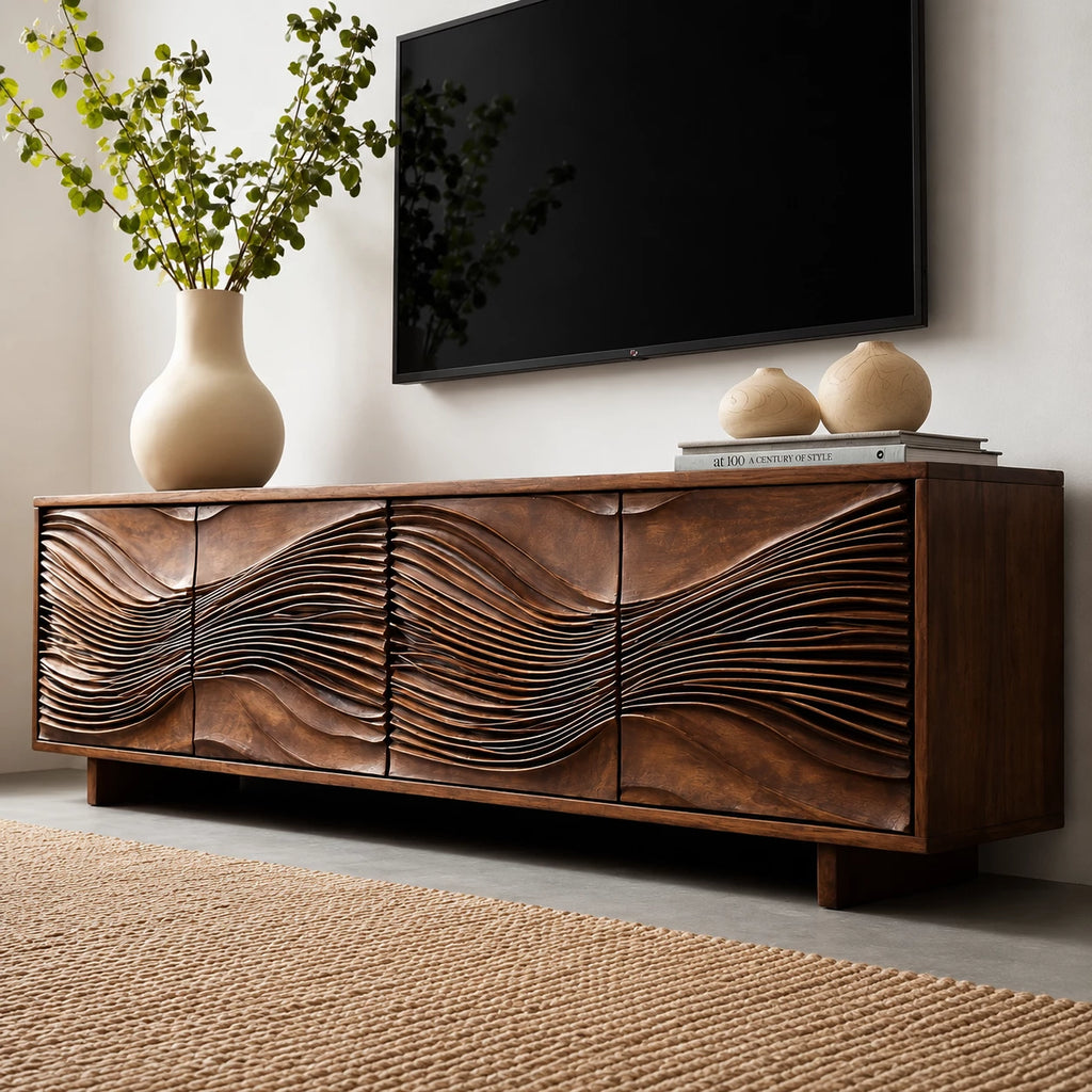 Carved Wave Natural Solid Wood TV Stand with Four Door Storage