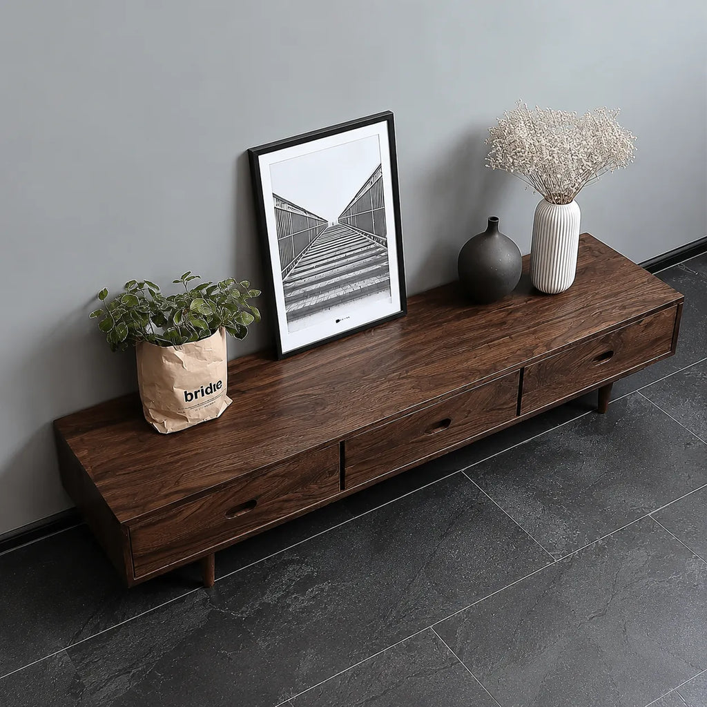 Scandinavian Natural Solid Wood TV Stand with Three Drawer Storage
