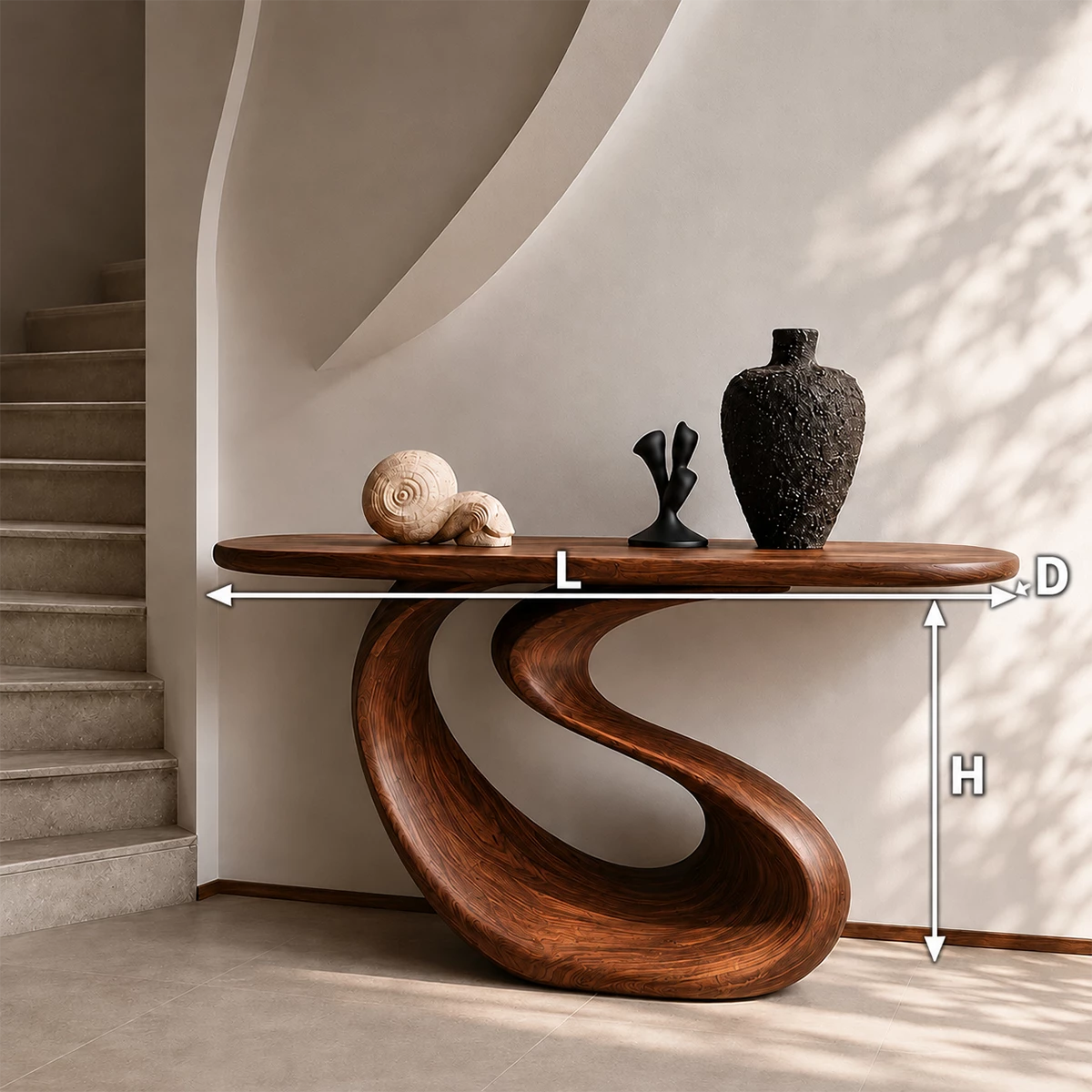 Organic Loop Sculptural Console Table in Natural Solid Wood