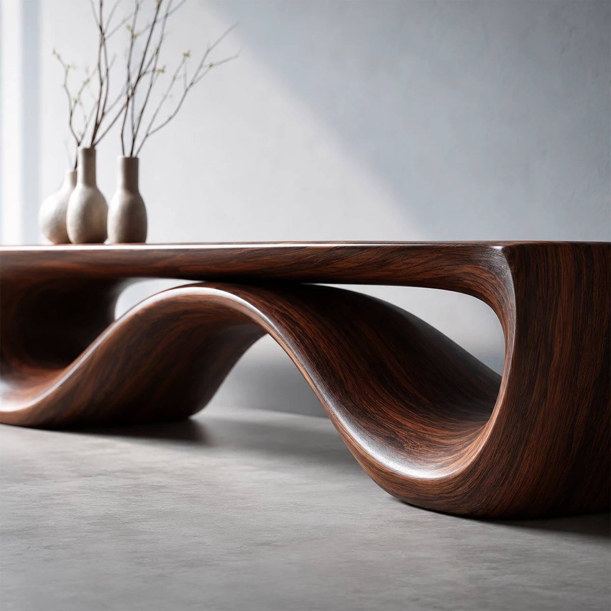 Sculptural Wave Wood Bench – Organic Natural Wood Bench for Modern Interior