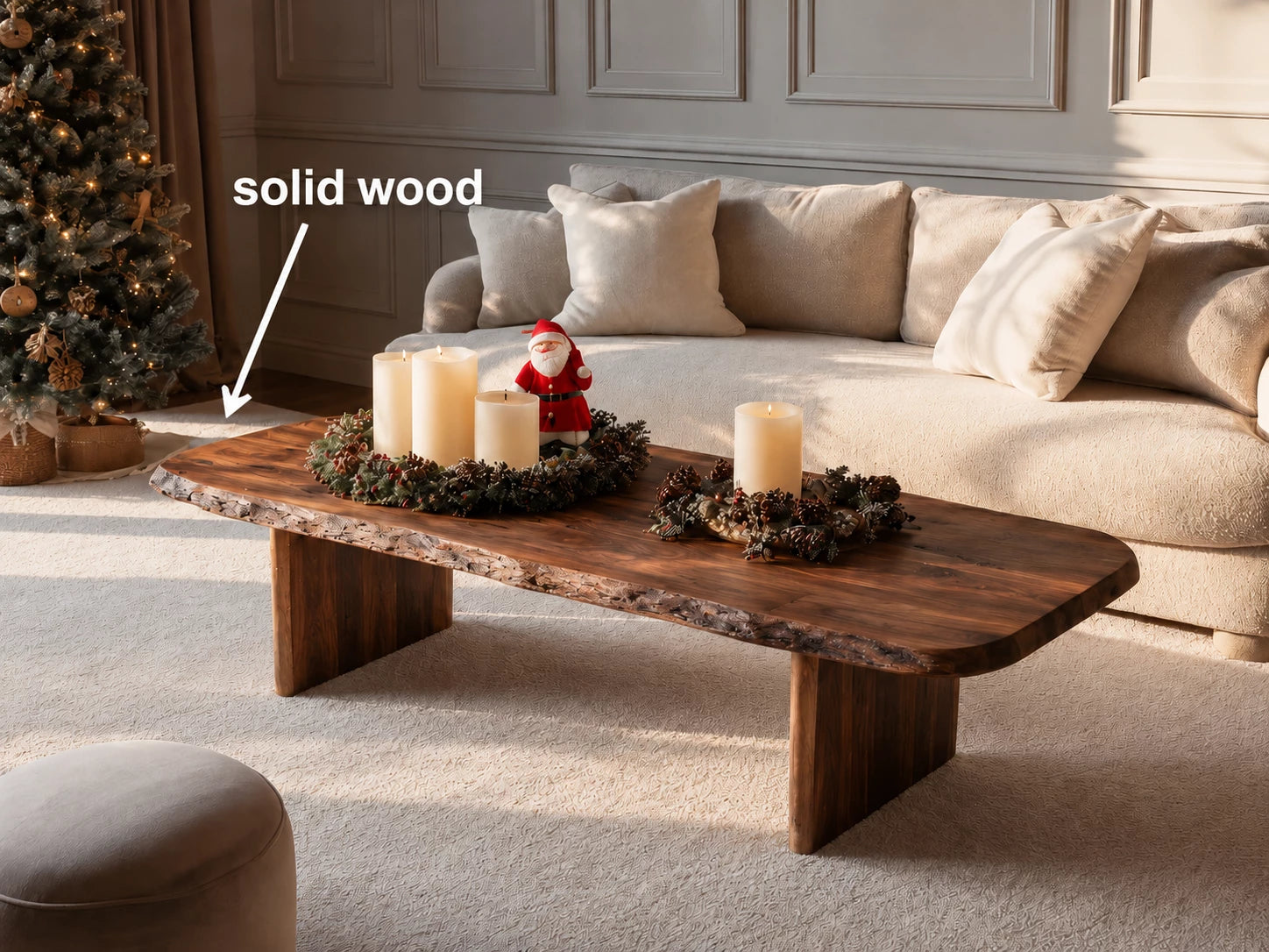 Live Edge Natural Solid Wood Coffee Table with Rustic Modern Form