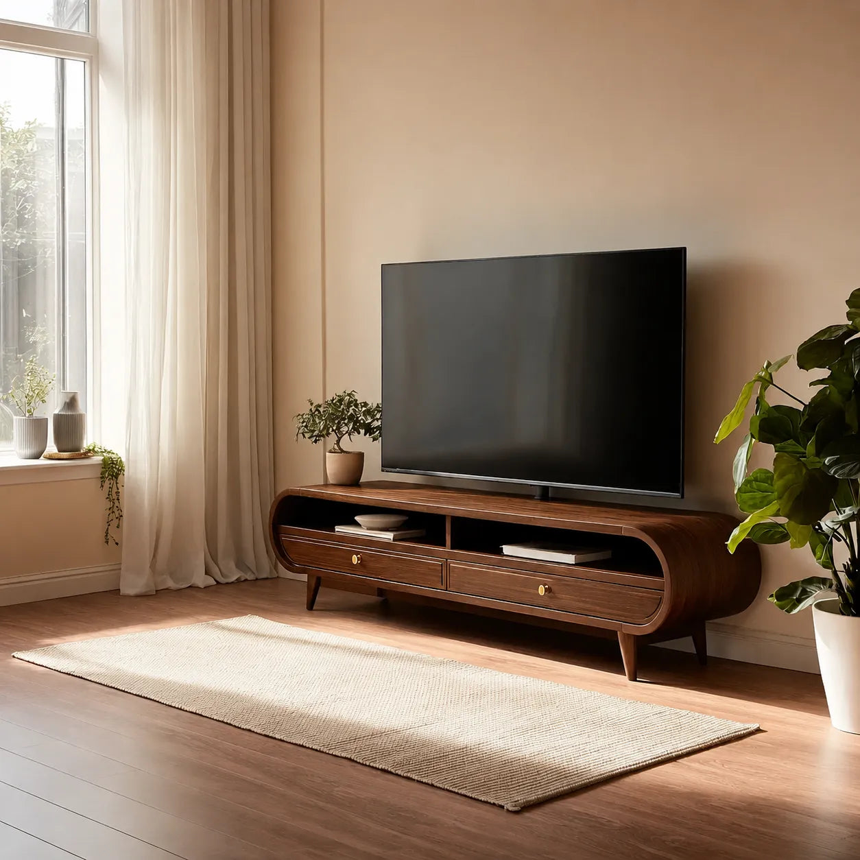 Retro Natural Solid Wood TV Stand with Rounded Edge Media Storage