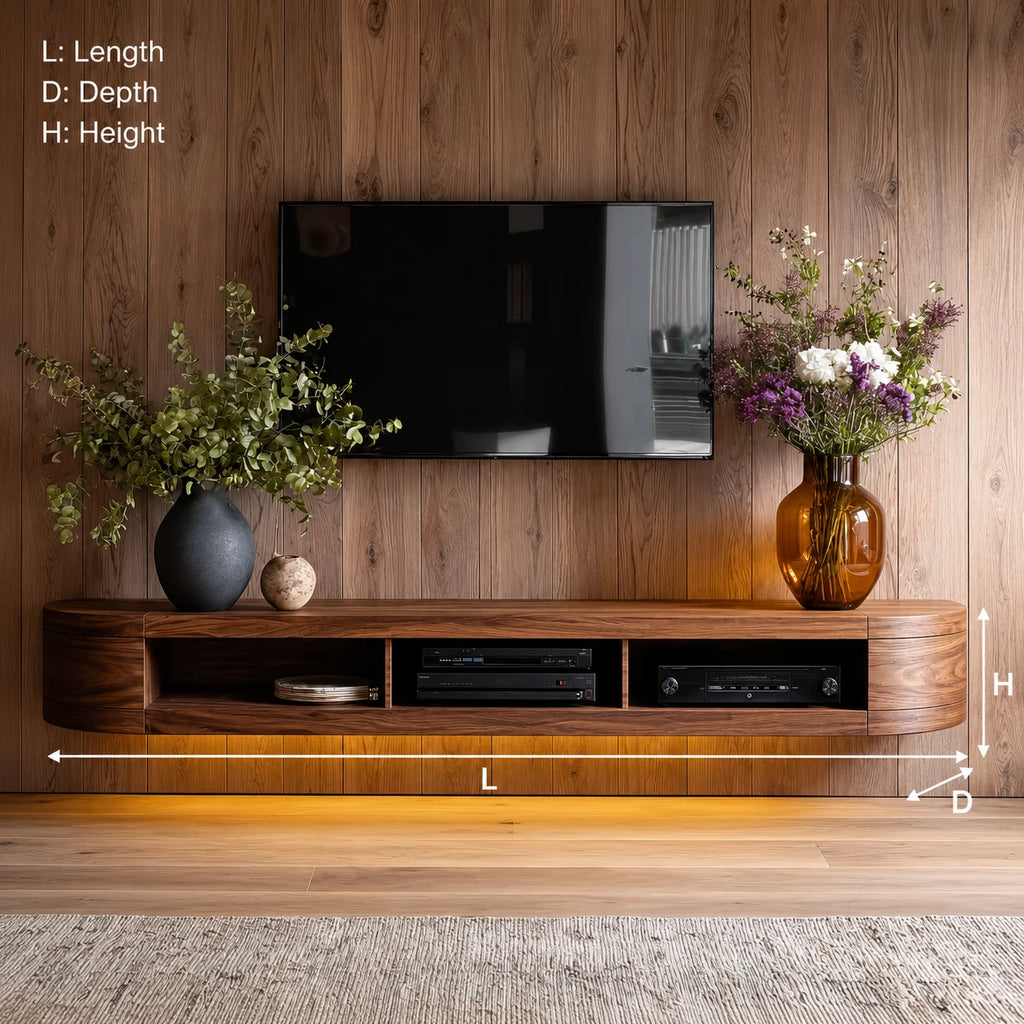 Wall Mounted Natural Solid Wood TV Stand with Open Media Storage Design