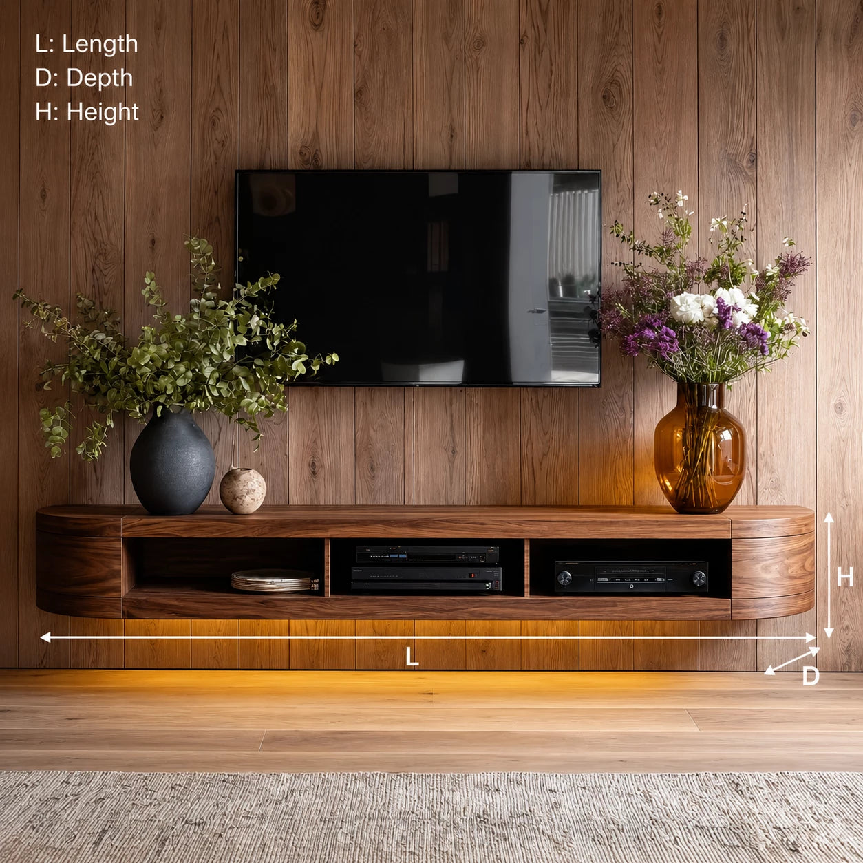 Wall Mounted Natural Solid Wood TV Stand with Open Media Storage Design