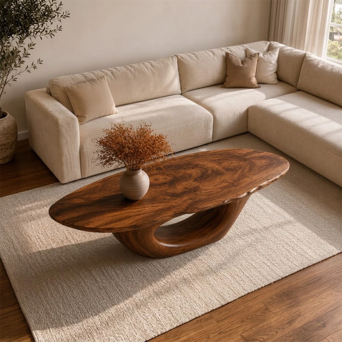 Sculptural Natural Solid Wood Coffee Table for Living Room