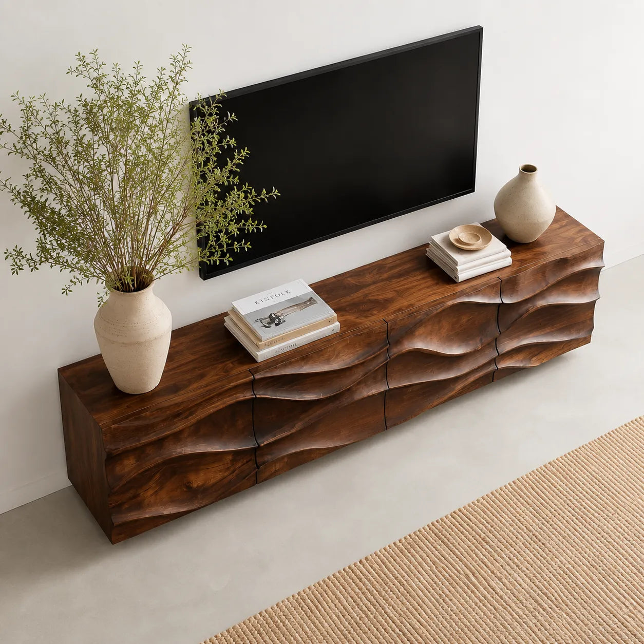 Sculpted Wave Natural Solid Wood TV Stand with Eight Drawer Storage