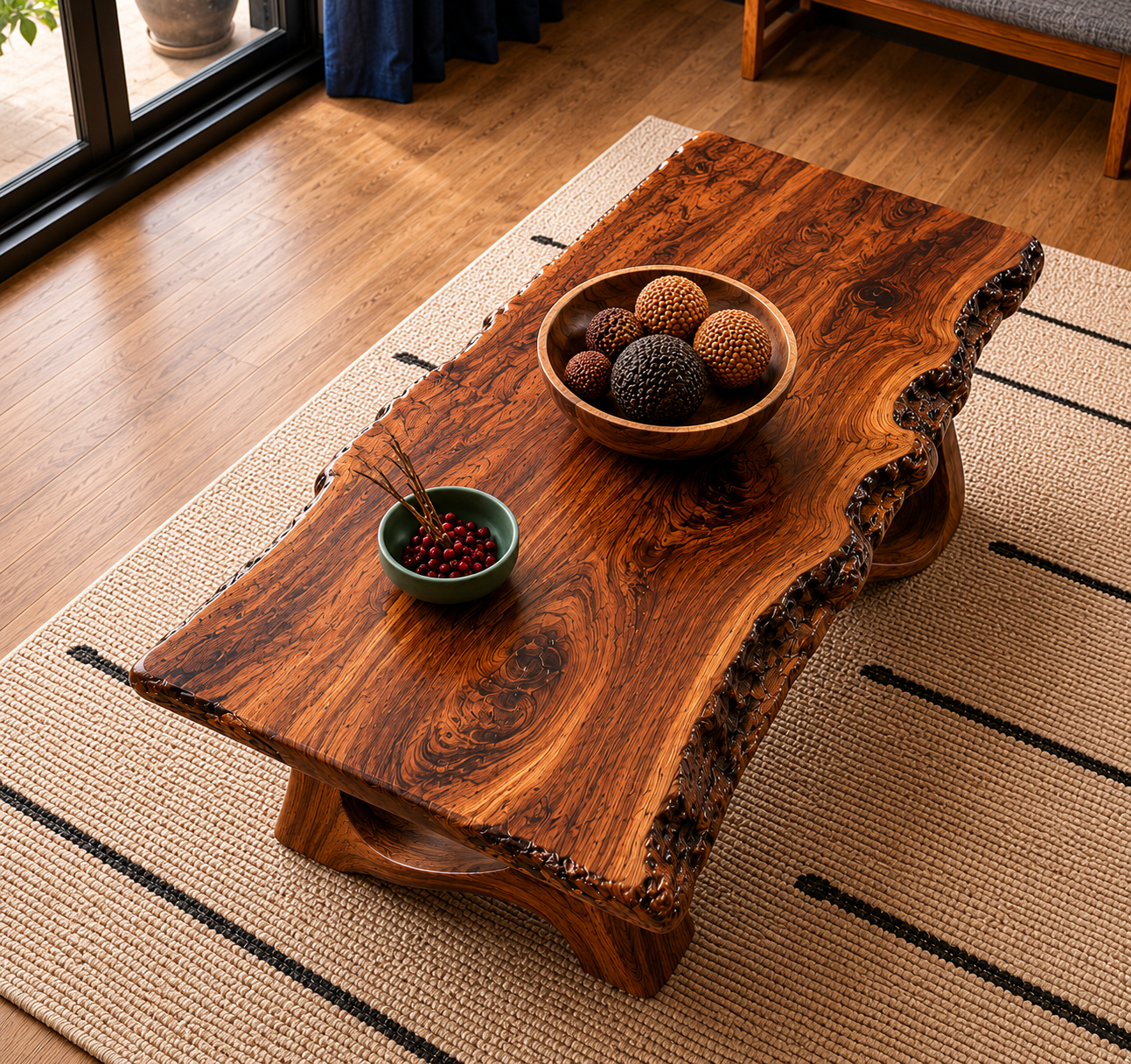Live Edge Natural Solid Wood Coffee Table with Sculptural Base