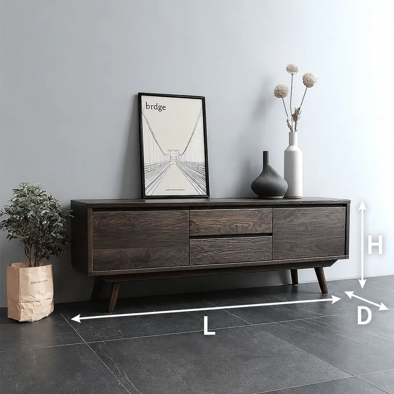 Mid Century Natural Solid Wood TV Stand with Drawer and Cabinet Storage