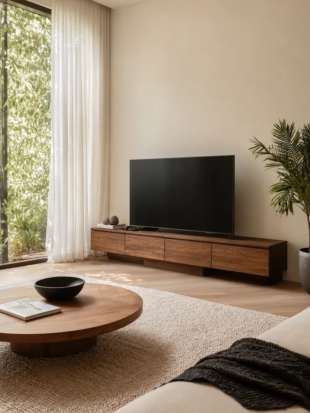 Floating Look Natural Solid Wood TV Stand with Four Door Storage Design