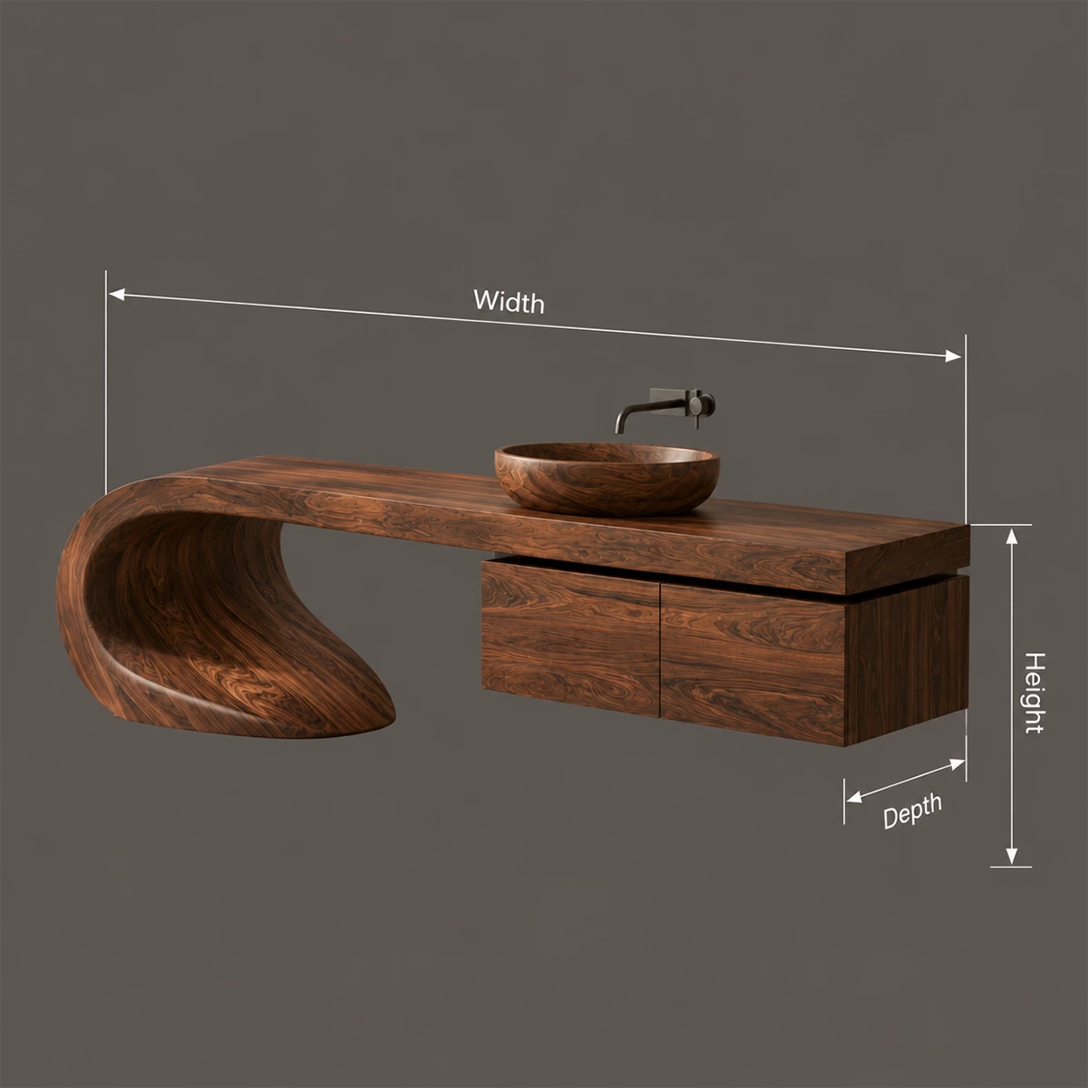 Natural Solid Wood Bathroom Vanity with Four Drawers and Sculptural Loop Base
