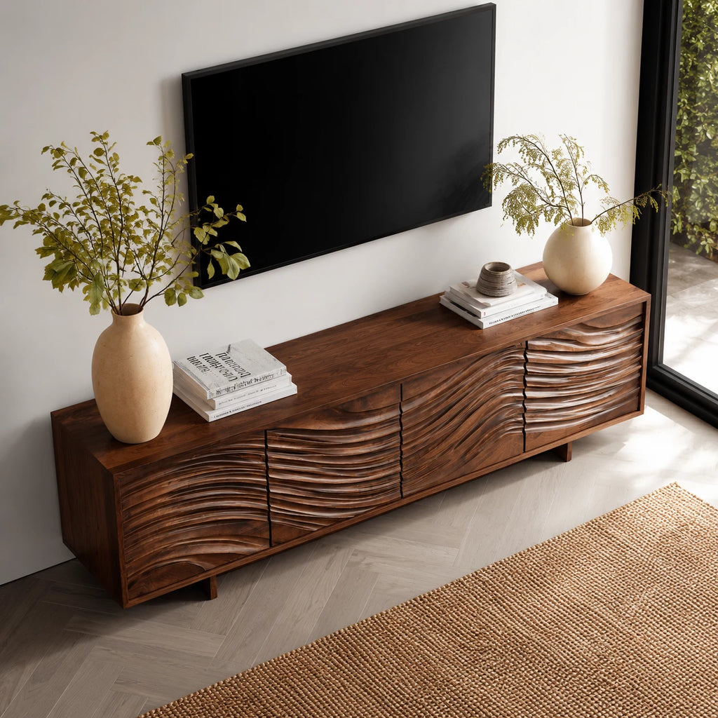 Artisan Wave Natural Solid Wood TV Stand with Sculpted Storage Doors