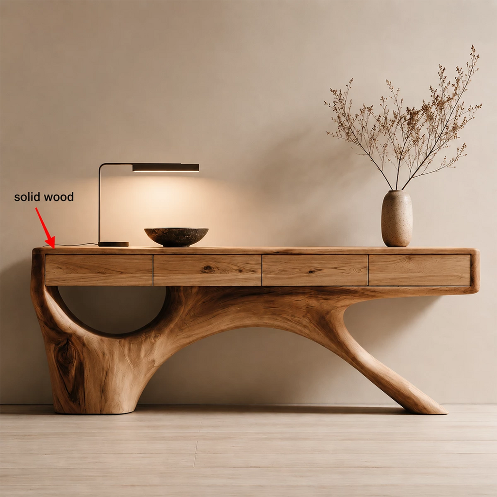 Natural Solid Wood Console Table with Four Drawers Sculptural Branch Style