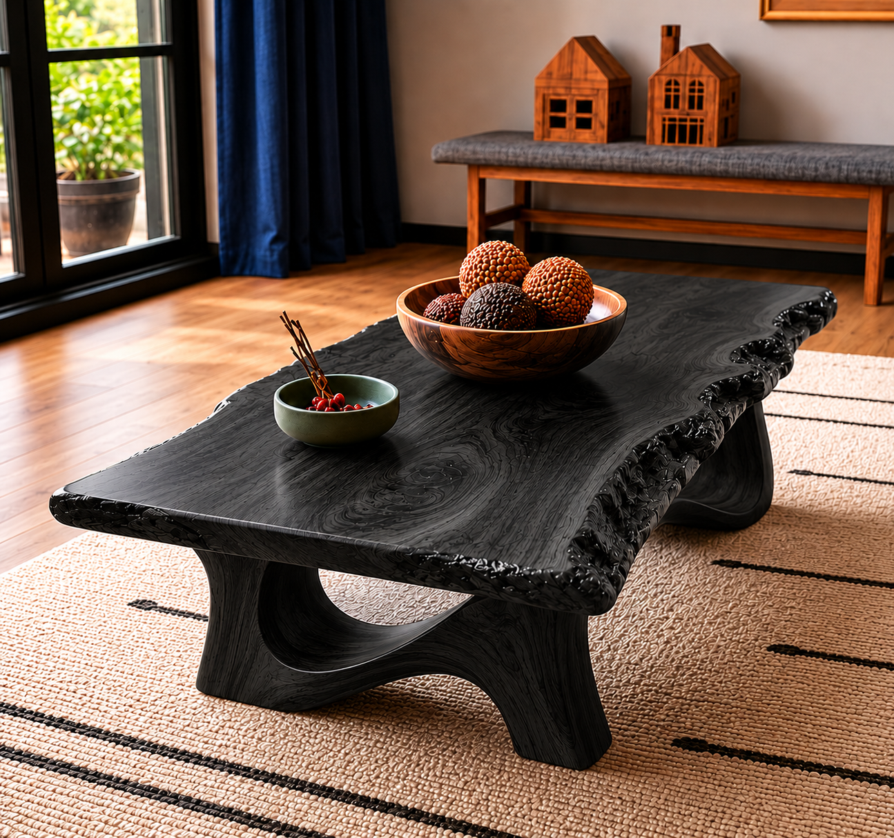 Live Edge Natural Solid Wood Coffee Table with Sculptural Base