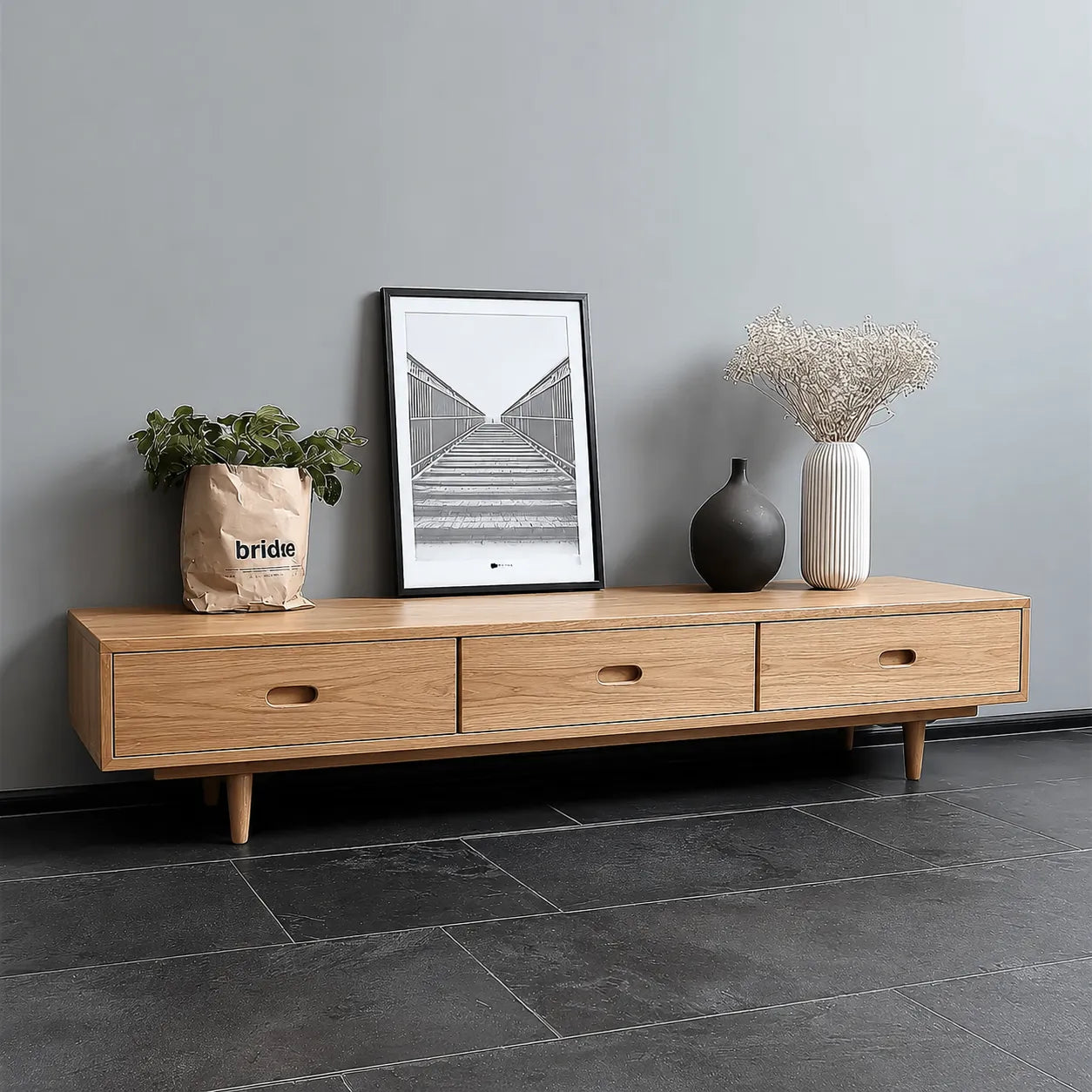Scandinavian Natural Solid Wood TV Stand with Three Drawer Storage