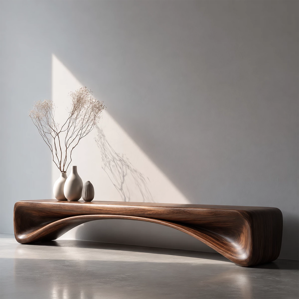 Organic Curved Wood Console Bench – Natural Wood Entryway Table for Modern Interior