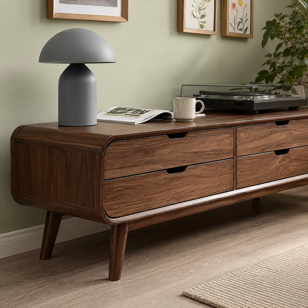 Mid Century Natural Solid Wood TV Stand with Six Drawer Storage