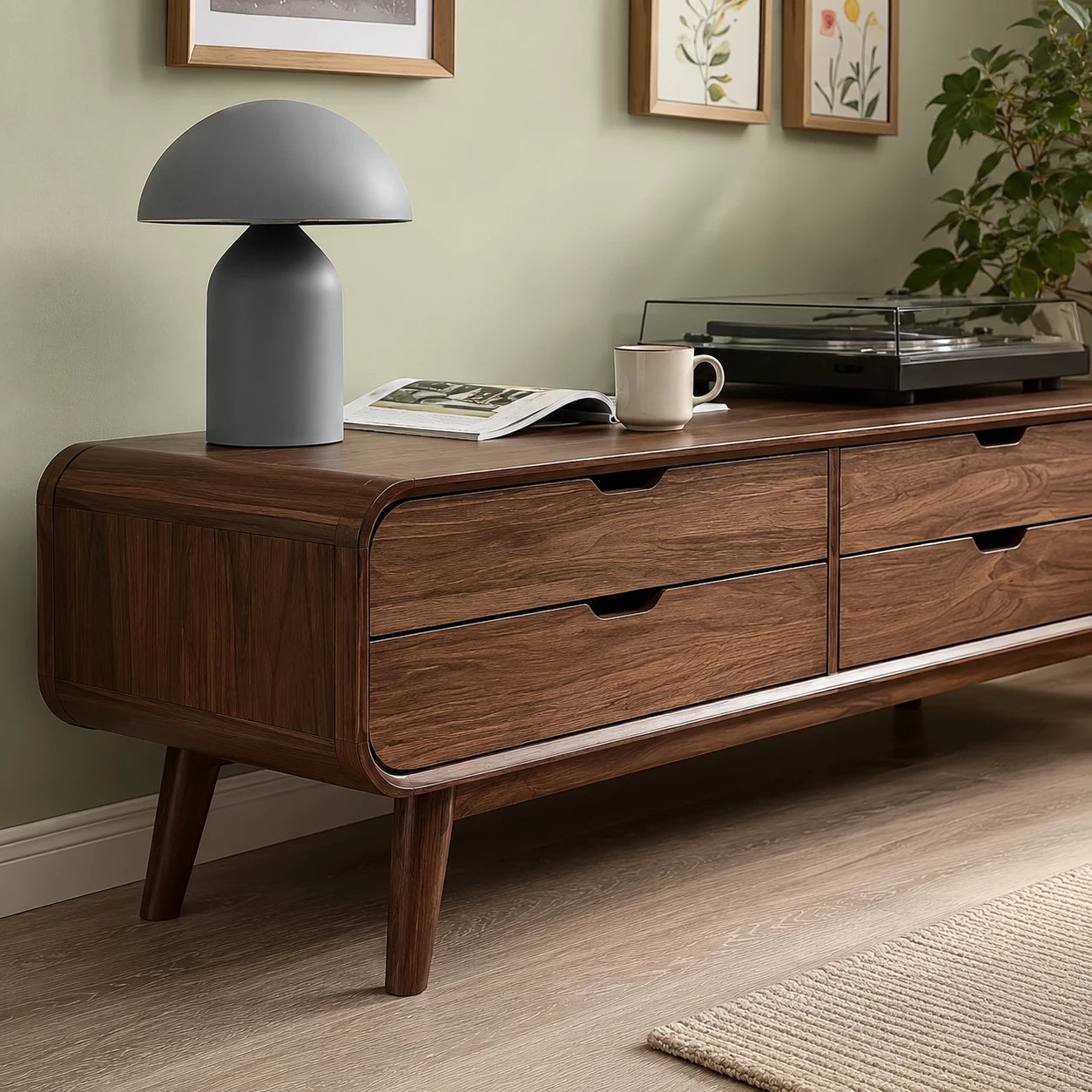 Mid Century Natural Solid Wood TV Stand with Six Drawer Storage