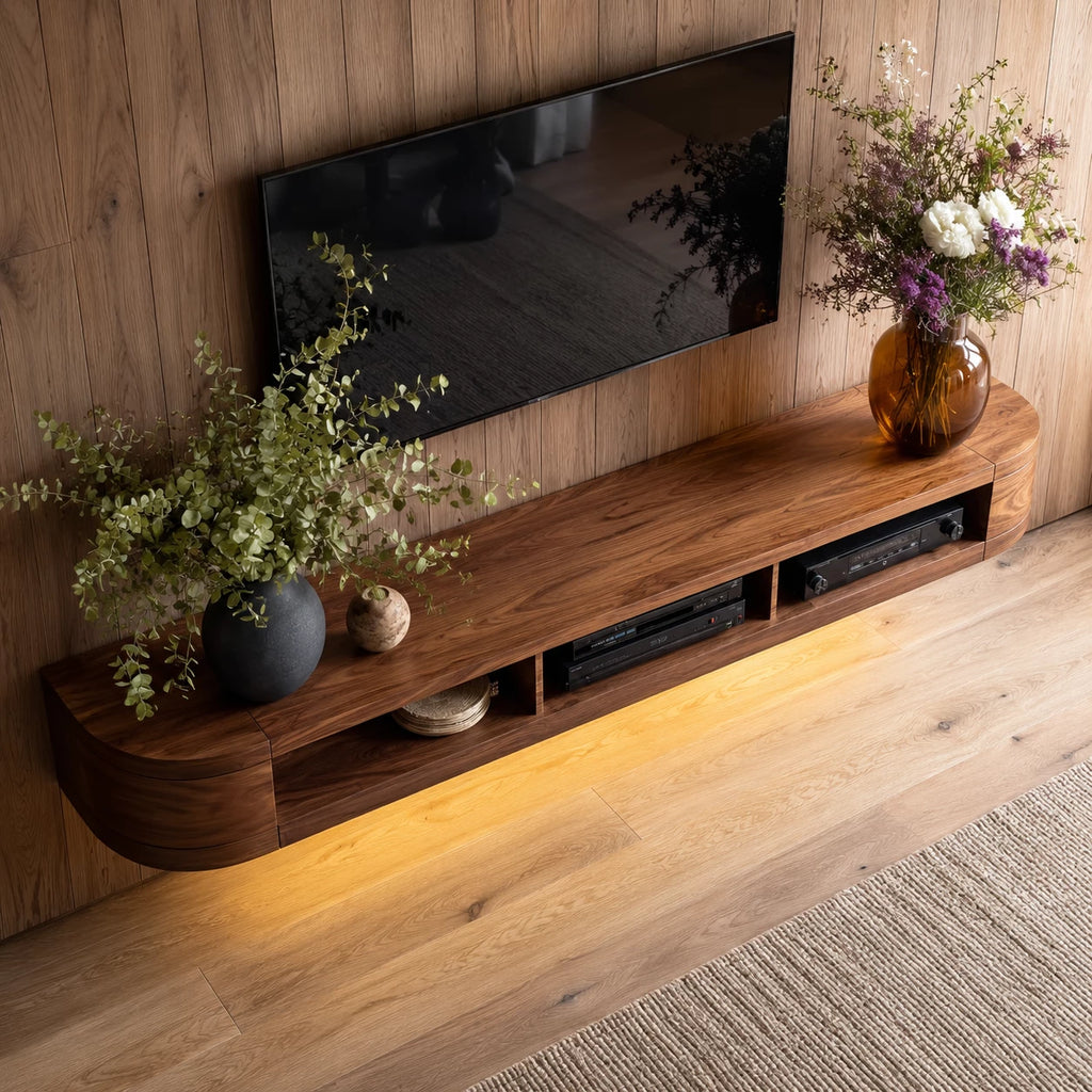 Wall Mounted Natural Solid Wood TV Stand with Open Media Storage Design