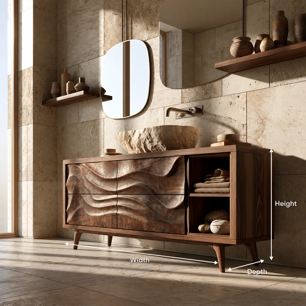 Natural Solid Wood Bathroom Vanity with Four Carved Drawers and Open Shelves